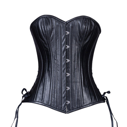 The Black Leather Short Overbust Corset -Slim, front view.