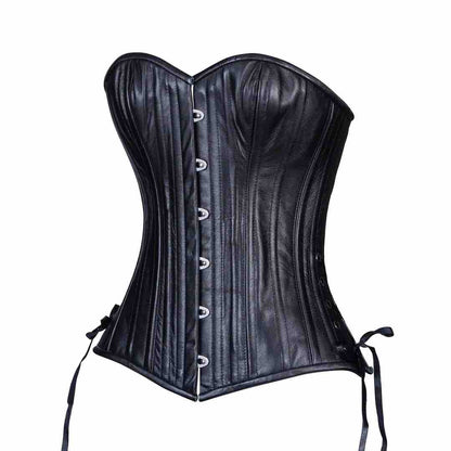The Black Leather Short Overbust Corset -Slim, front and left side view.