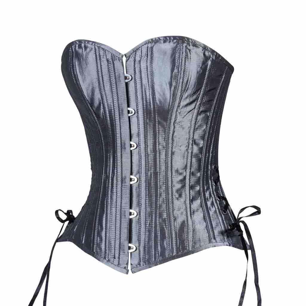 The Gray Taffeta Slim Corset, front and left side view.