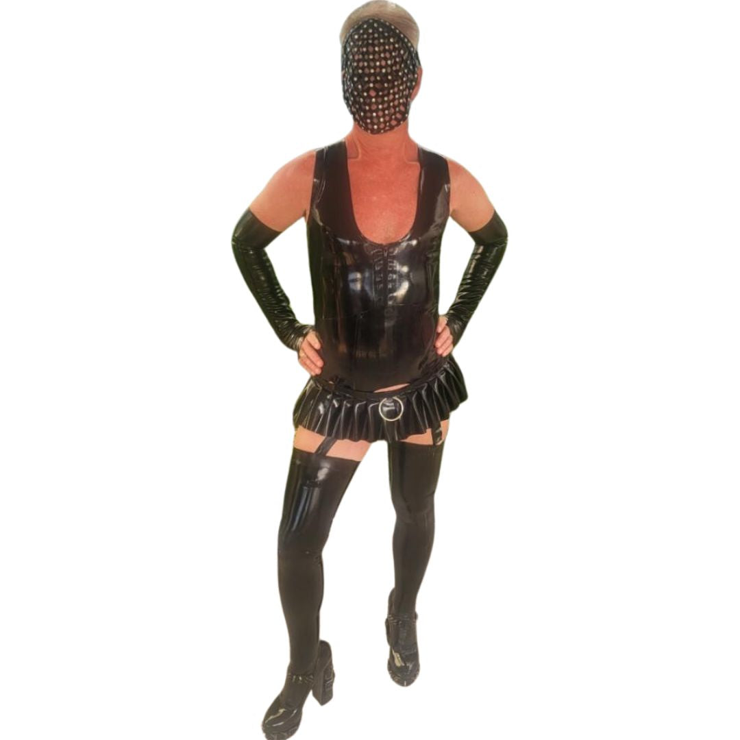 Model wearing latex outfit with Opulent Obscura Luxury Leather Strapped Mask