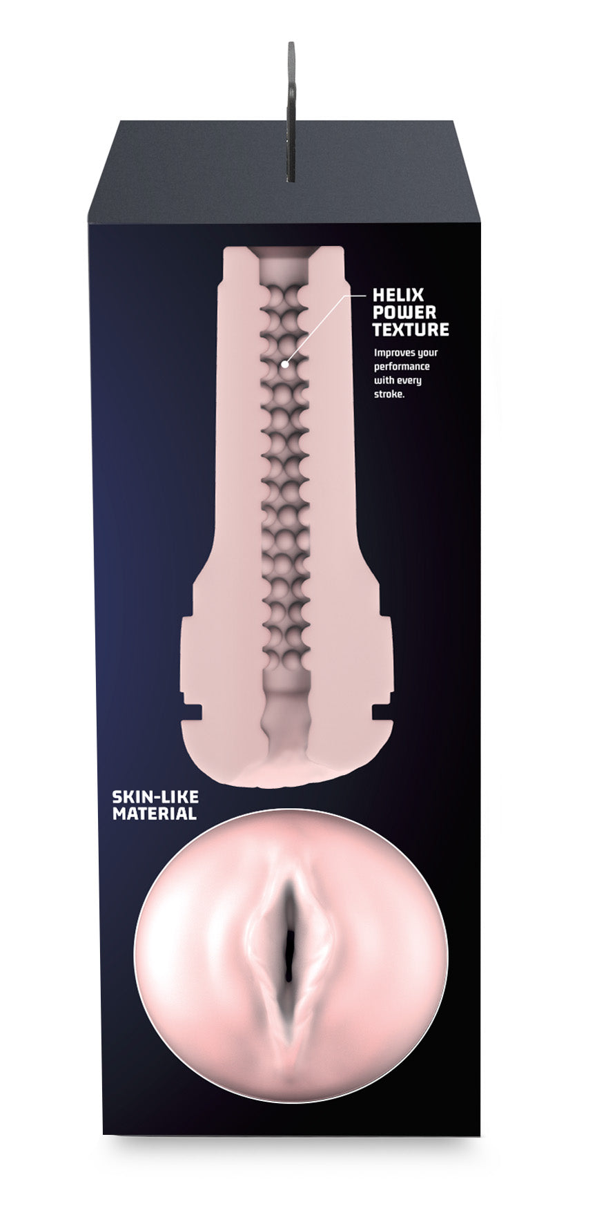 The left side of the packaging which shows a cross cut of the Pale Vagina Kiiroo Feel Stroker.