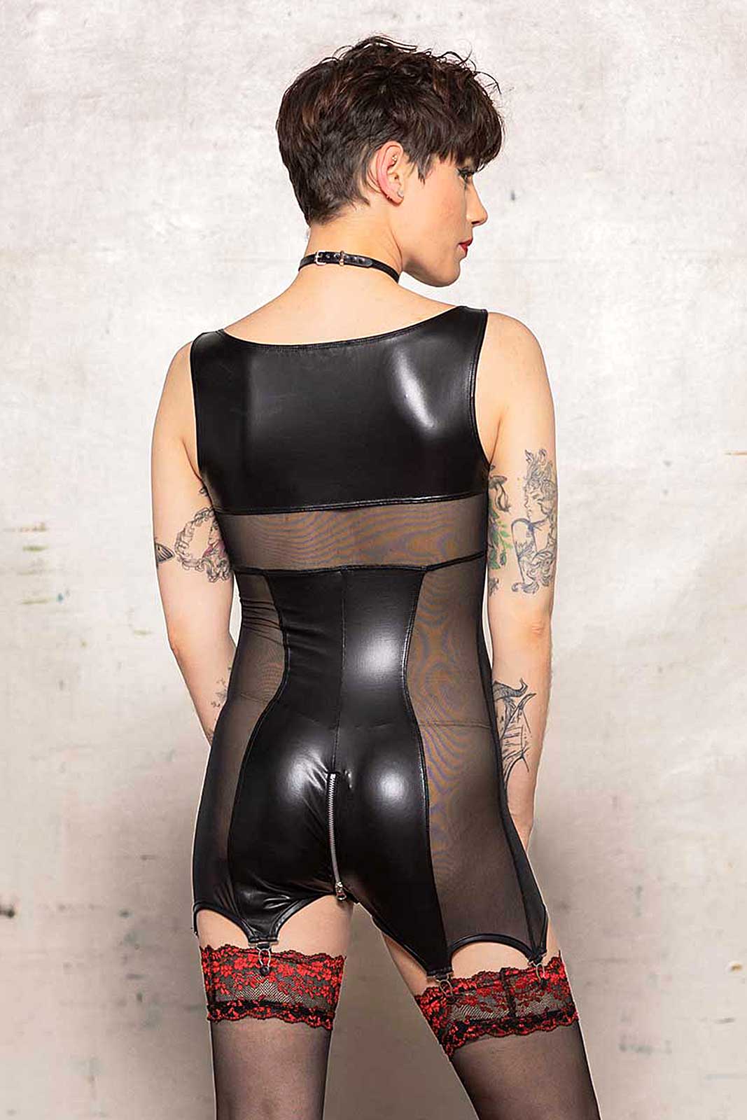 The Alba Wetlook & Mesh Romper Playsuit on model with fishnet thigh highs, rear view.