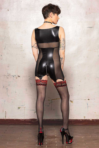 The Alba Wetlook & Mesh Romper Playsuit on model with fishnet thigh highs and platform heels, rear view.
