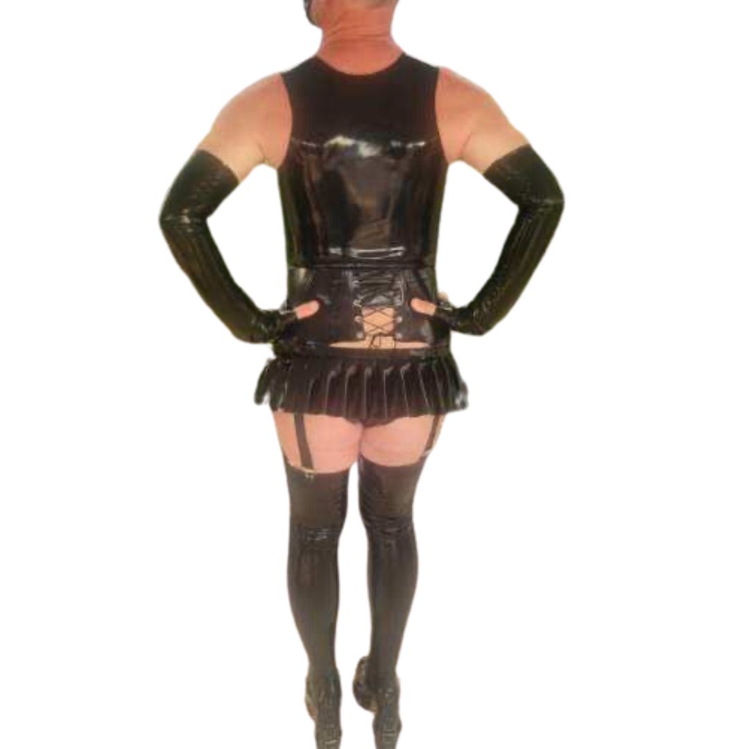 back of model wearing black Latex Fingerless Long Seamless Gloves , with hands on hips