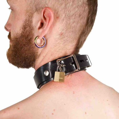A model wearing the Heavy Rubber Customizable Word Snap Collar, rear view with the collar locked.