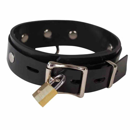 The back of the Heavy Rubber Customizable Word Snap Collar with a padlock attached to the buckle.