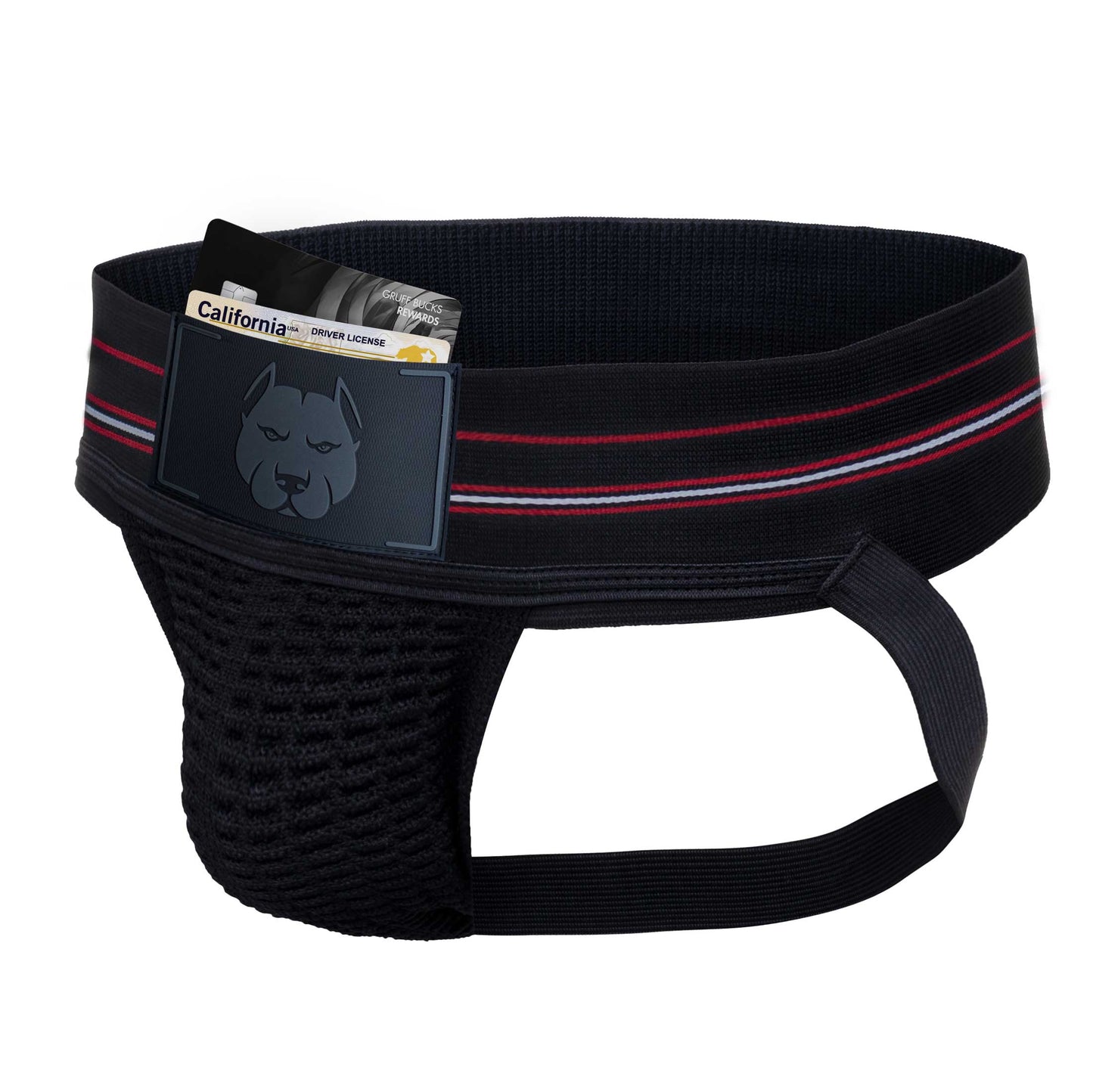 The Gruff Pup Pocket Jockstrap with an ID and credit card sticking out of the front pocket.
