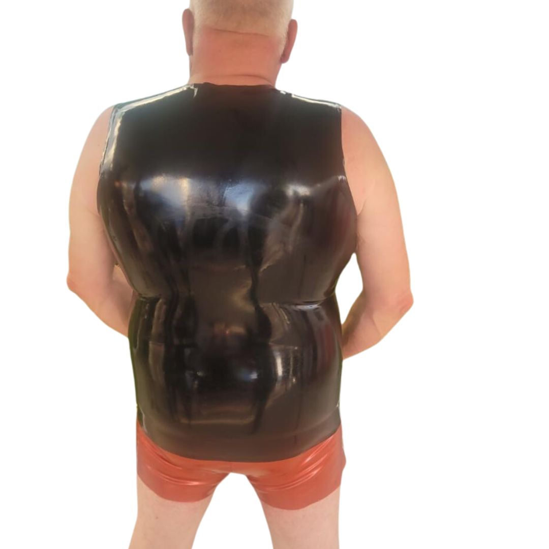 Back of Black Latex Sleeveless Zip Shirt on model