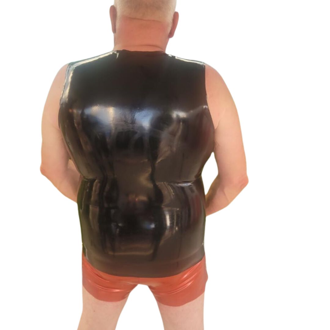 Back of Lava Latex Boxer Shorts on model wearing a latex sleeveless shirt.