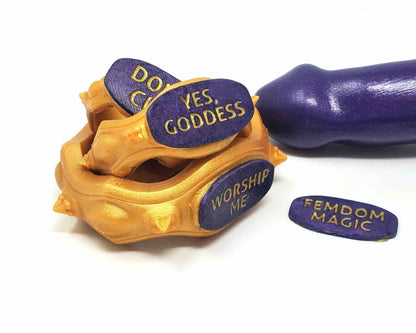 Three gold and purple Royal Fetish FEMDOM Edging Body Bands.