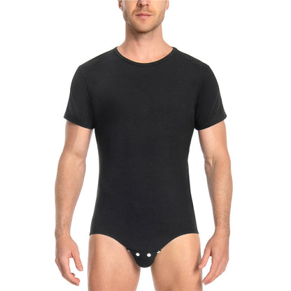 Relaxed Fit Basic Onesie in Black on Male model. Front View