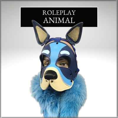 blue leather pup hood with blue fur around mannequin neck