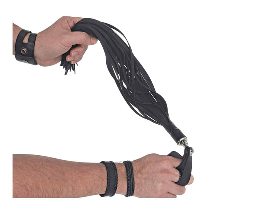 A hand holding the edge of the falls, and another hand with fingers through the finger loops of the Electro Rubber Flogger for Violet Wand.