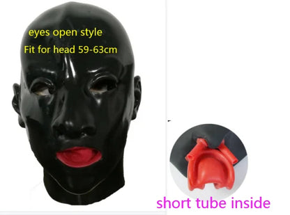 The front view of the Latex Deprivation Doll Mask on a mannequin head next to a detailed view of red mouthguard and nose tubes inside hood, (cut to preferred size). Text says Eyes Open Style Fit for head 69-63cm.