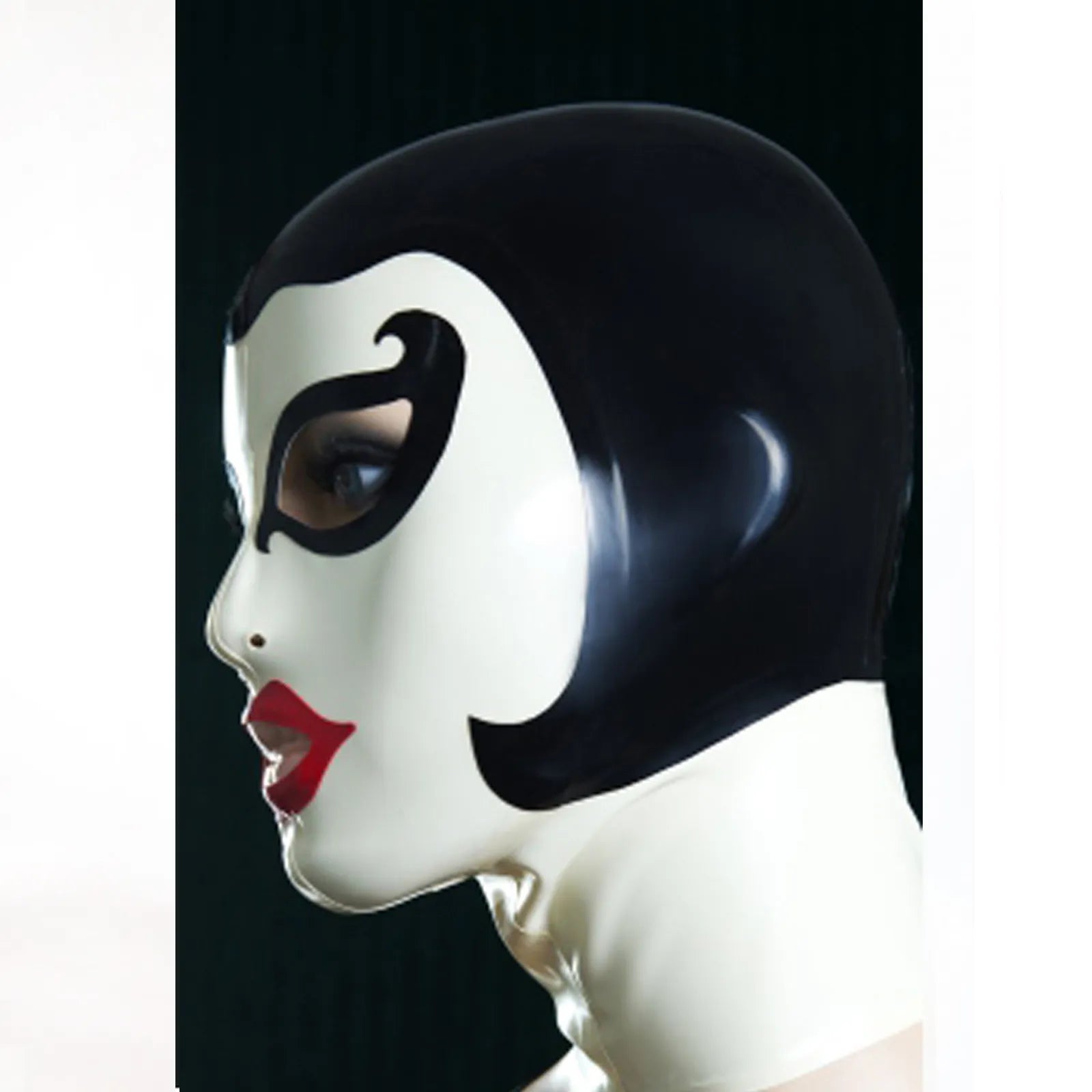 The side view of the Latex Femme Hood Mask on a model.