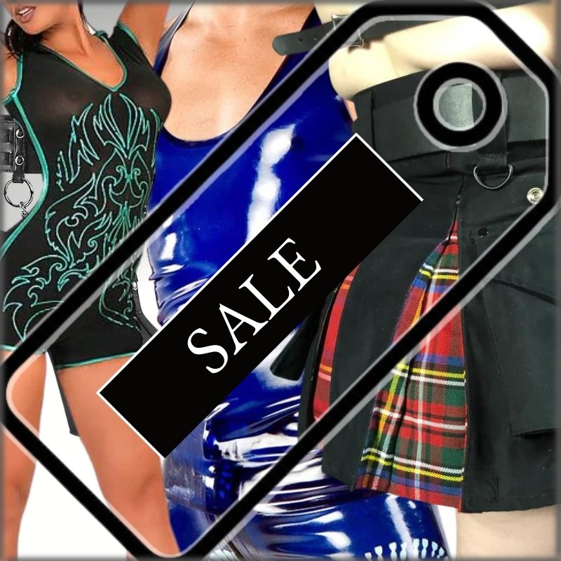sale collage of different kilts, hosiery, latex singlet, and mesh bodysuit