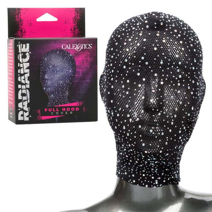 The net sparkle hood displayed on a mannequin head, next to its packaging.