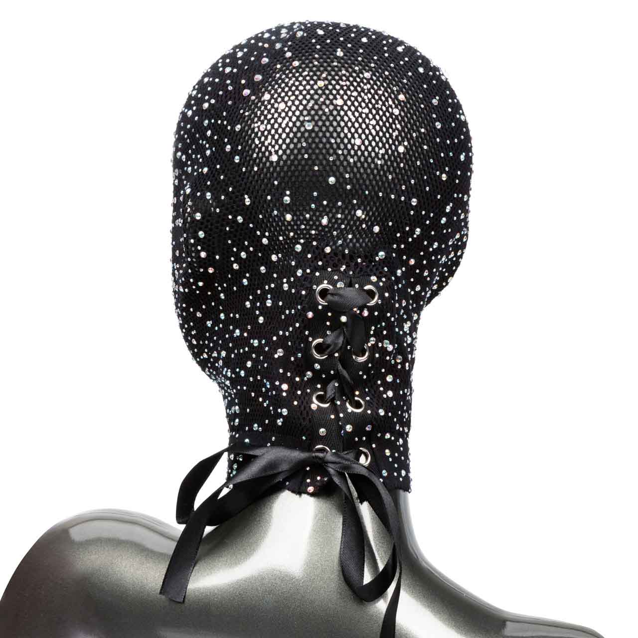 The net sparkle hood displayed on a mannequin head, rear view.