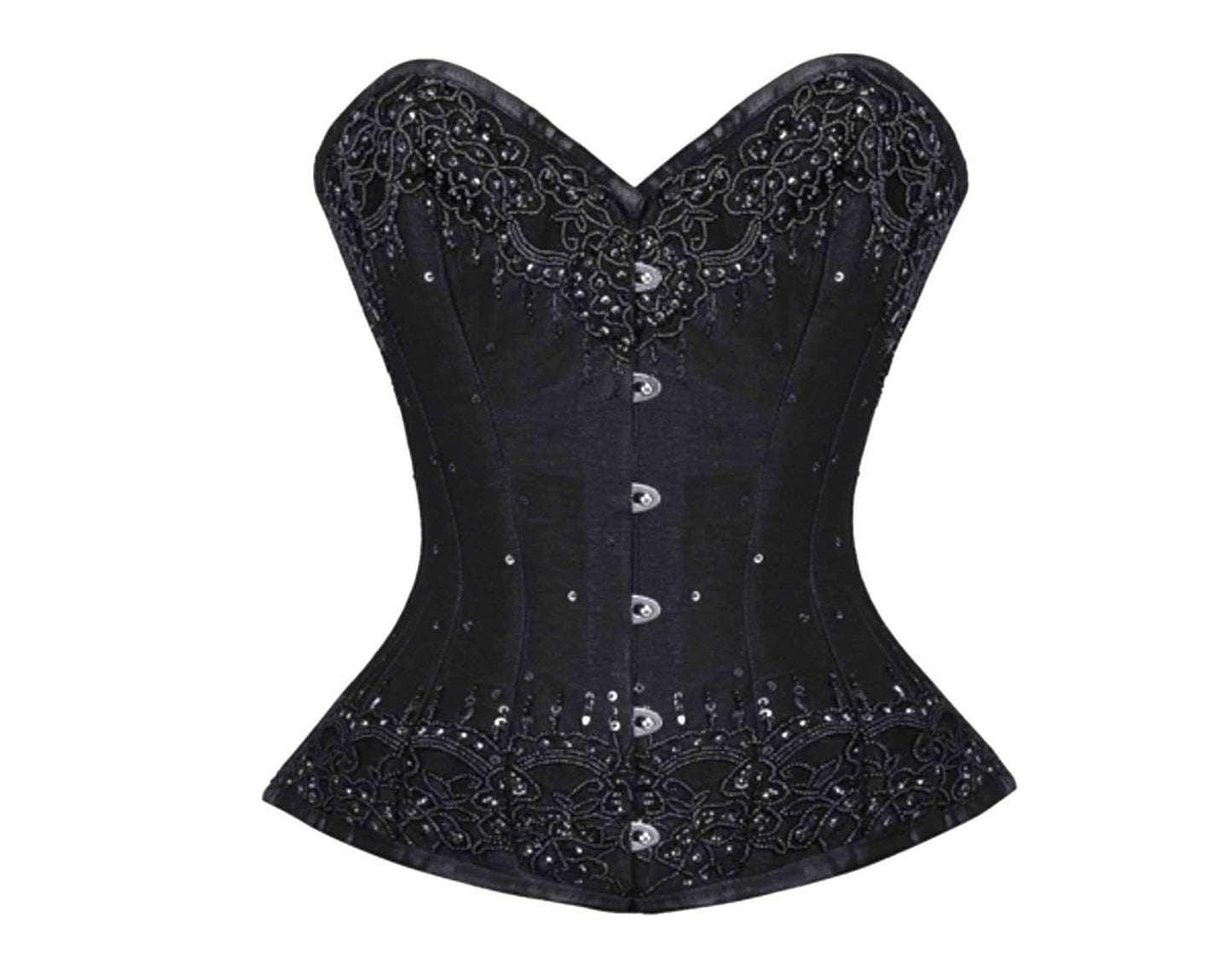 The front of the black Beaded Lace Overlay Couture Corset.