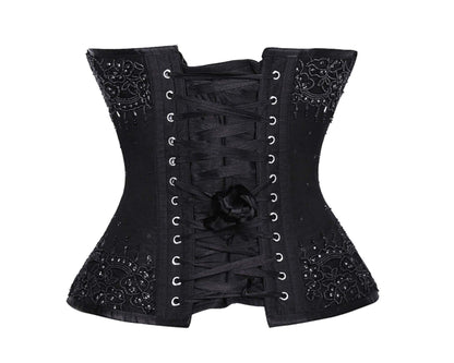 The back of the black Beaded Lace Overlay Couture Corset.