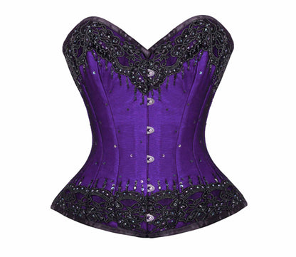 The front of the purple and black Beaded Lace Overlay Couture Corset.