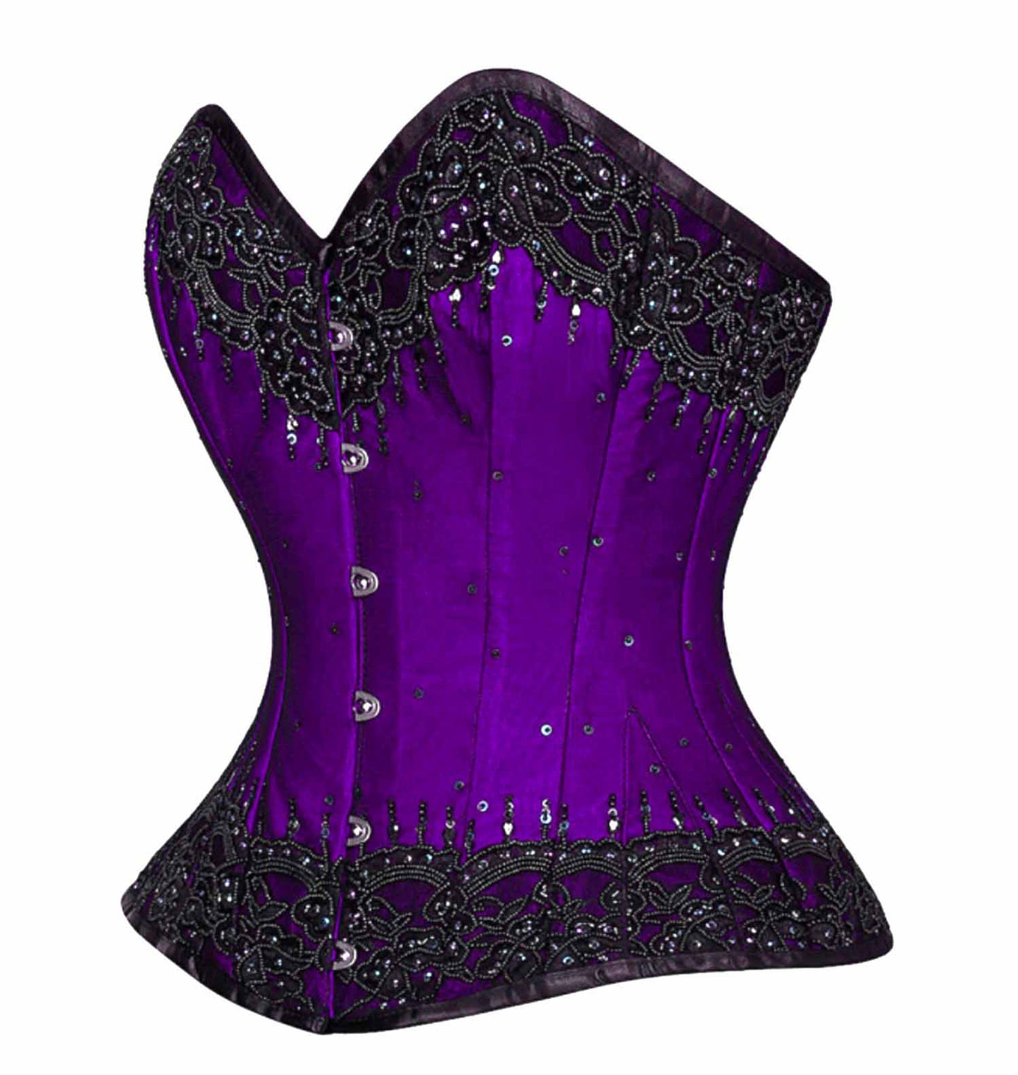 The front and left side of the purple and black Beaded Lace Overlay Couture Corset.