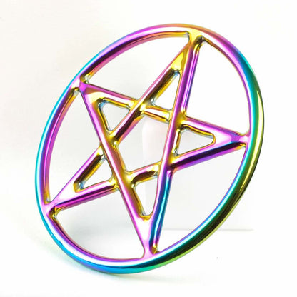 A steel rainbow suspension ring with a pentagram inside it.