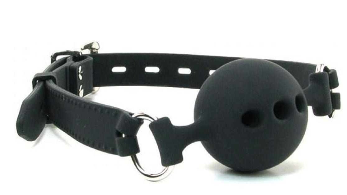 The black Silicone Breathable Ball Gag, front and right side view.