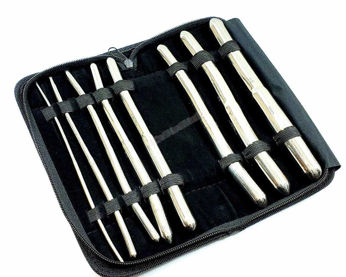The eight pack of Hegar Double Ended Sounds in a black holding case.