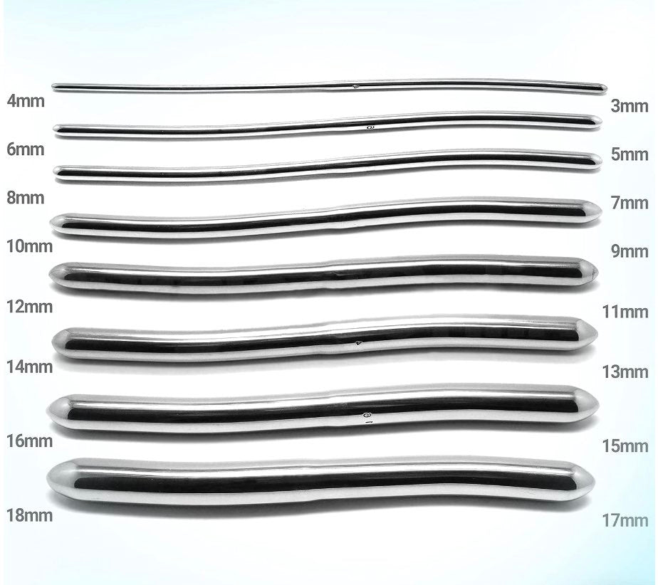 An illustration showing the millimeter thickness of each Hegar Double Ended Sound.