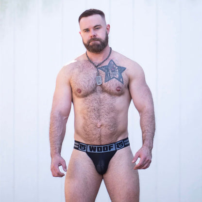 A model wearing the Gruff Pup Woof Air Jock with Bulge Boost, front view.