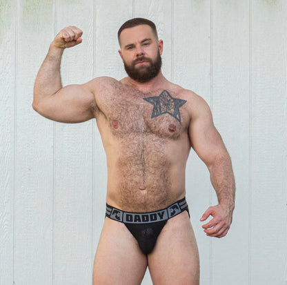 A model wearing the Gruff Pup Daddy Air Jock with Bulge Boost, front view.