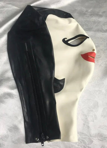 The right side view of the Latex Femme Hood Mask with back folded over showing the zipper.