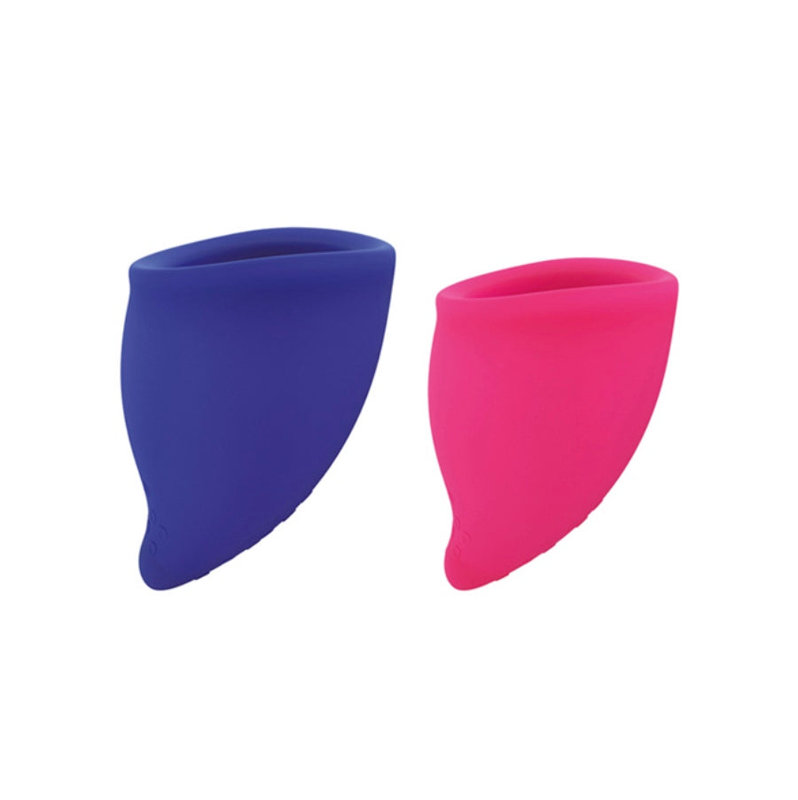 Two sizes of Fun Cup Menstrual Cups, one purple and the other pink.