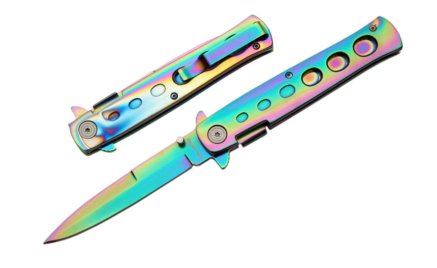Two rainbow Stiletto Type Folding Knives, one in the open position, and one in the closed position.
