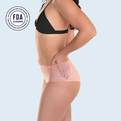 The Sheer Peach shortie Lorals Panties For Protection on a model, side view.