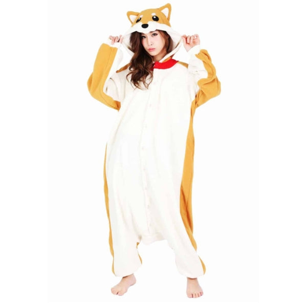 Model wearing Shiba Inu Kigurumi with hands holding hood.