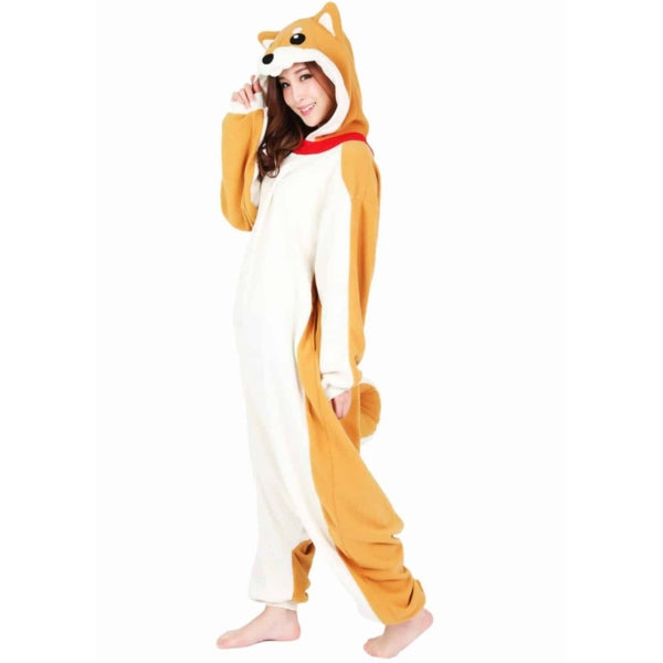 Model wearing Shiba Inu Kigurumi facing left.