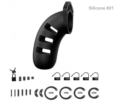 The black silicone Mancage Chastity Device model #21 with all of its attachments.
