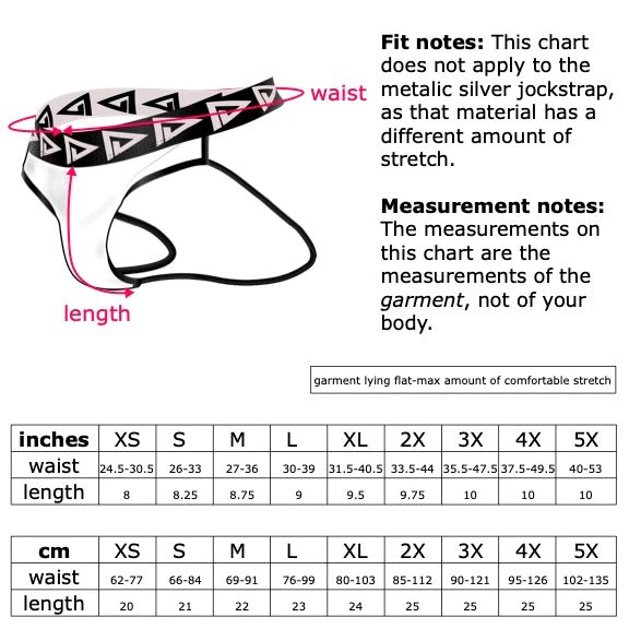 The size chart for the anthem print flat front Bikini Style Jock-Brief.