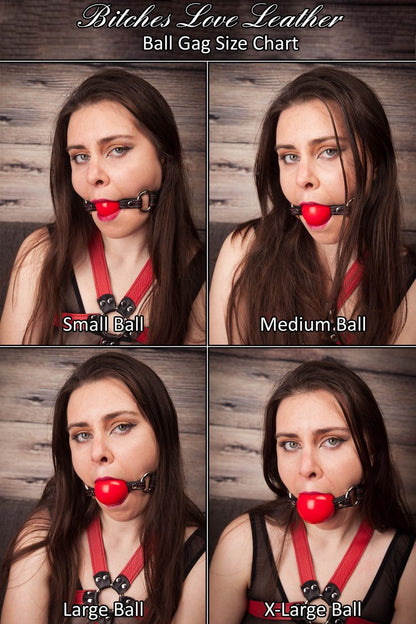 The ball gag size chart with a composite of four photos of the same person wearing different sized red ball gags.