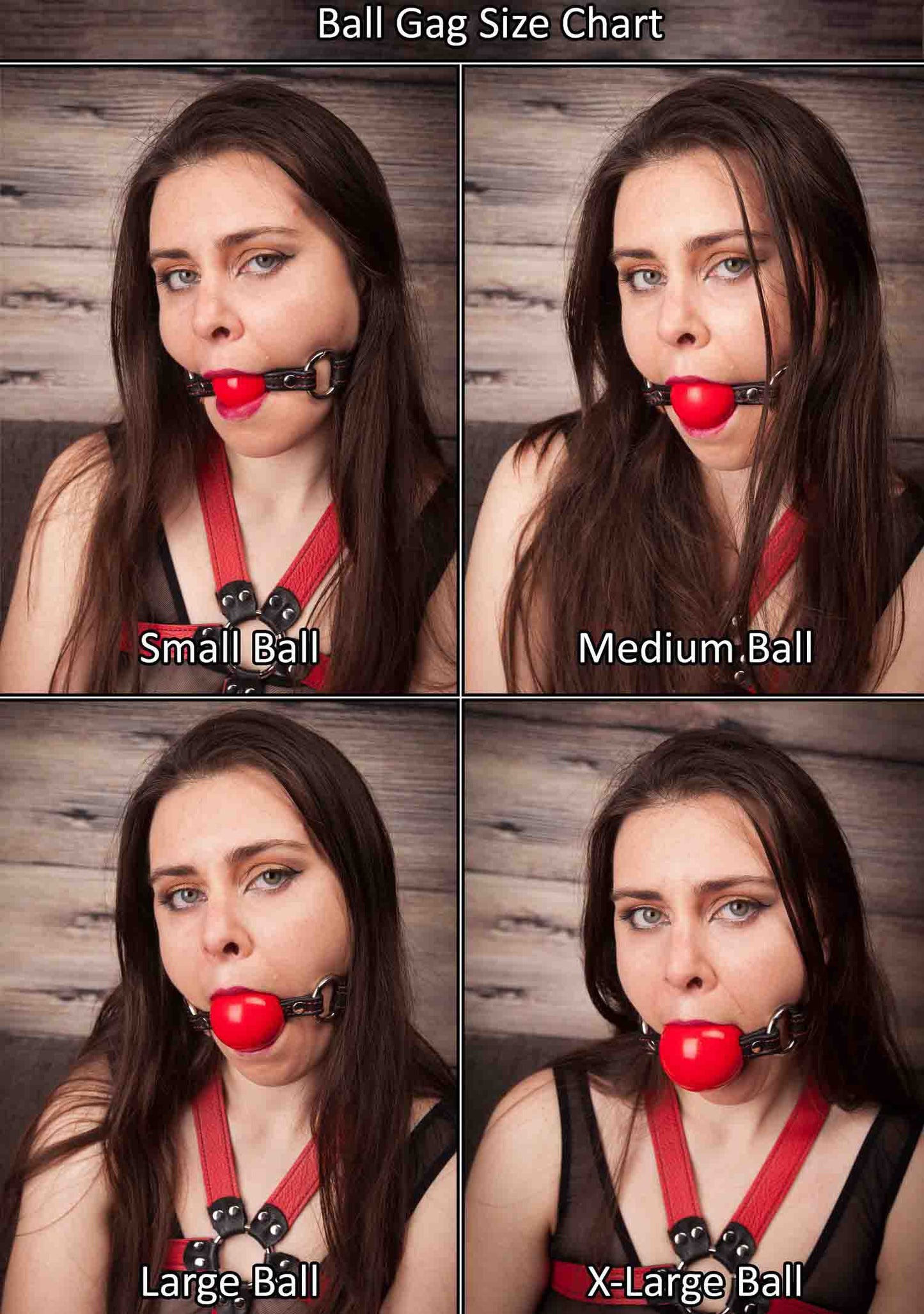 The ball gag size chart with a composite of four photos of the same person wearing different sized red ball gags.