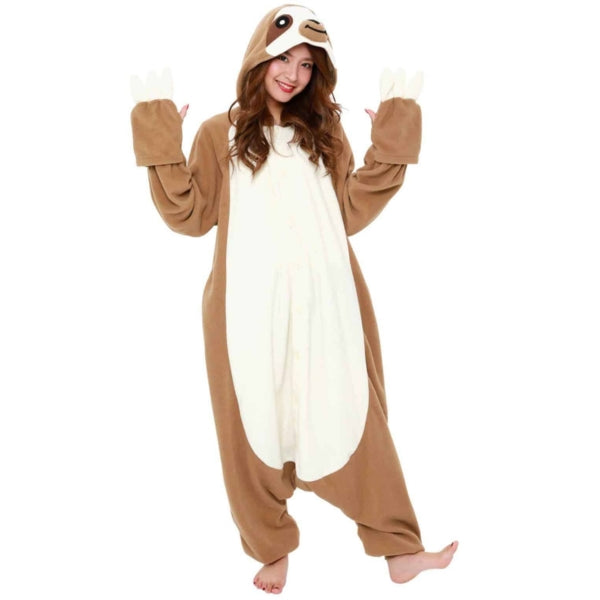Model wearing Sloth Kigurumi with both hands up near shoulders