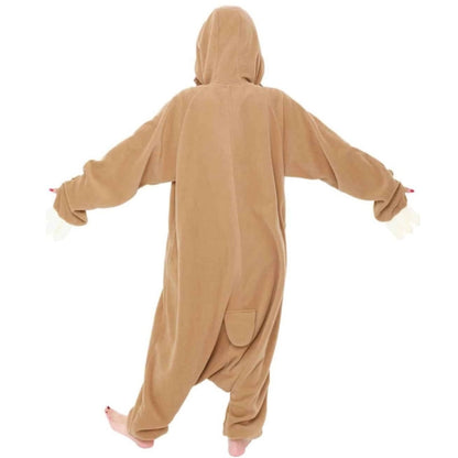 model wearing Sloth Kigurumi with arms extended showing back