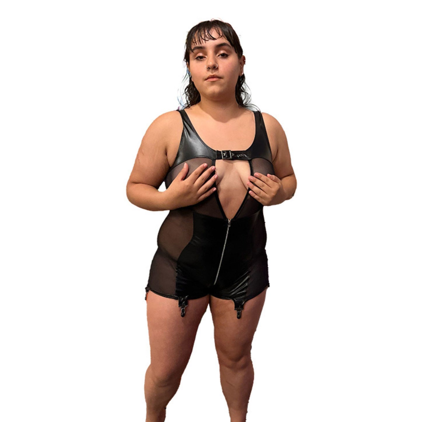 model wearing Alba Wetlook & mesh Romper playsuit, hands covering breast