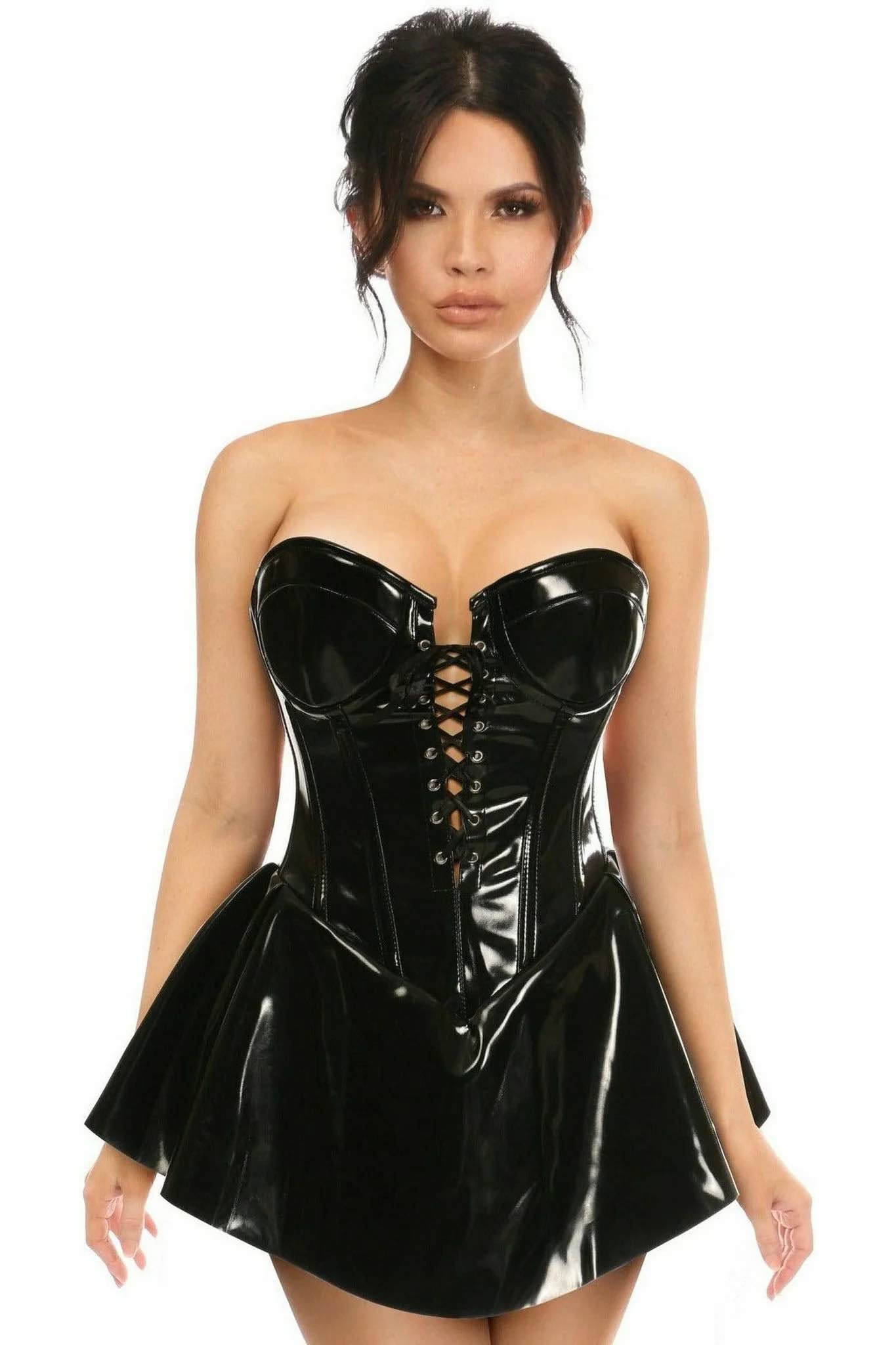 Model wearing the Patent Vinyl Corset Dress, front view.