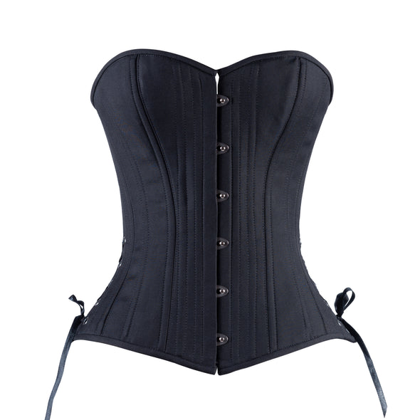 The Black Cotton Cashmere Short Overbust Corset in Slim Silhouette, front view.