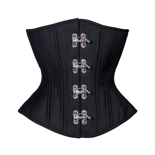 Black Cotton Cashmere with Silver Hook Clasps Mid-Length Underbust Corset - Hourglass Silhouette Front