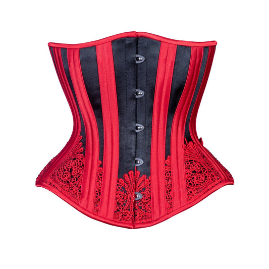 The red and black Cabaret Sparkle Lace Satin Mid-Length Underbust Corset - Hourglass, front view.