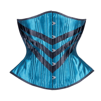 The Teal Silk Triple V Mid-Length Underbust Corset - in Hourglass Silhouette, front view.